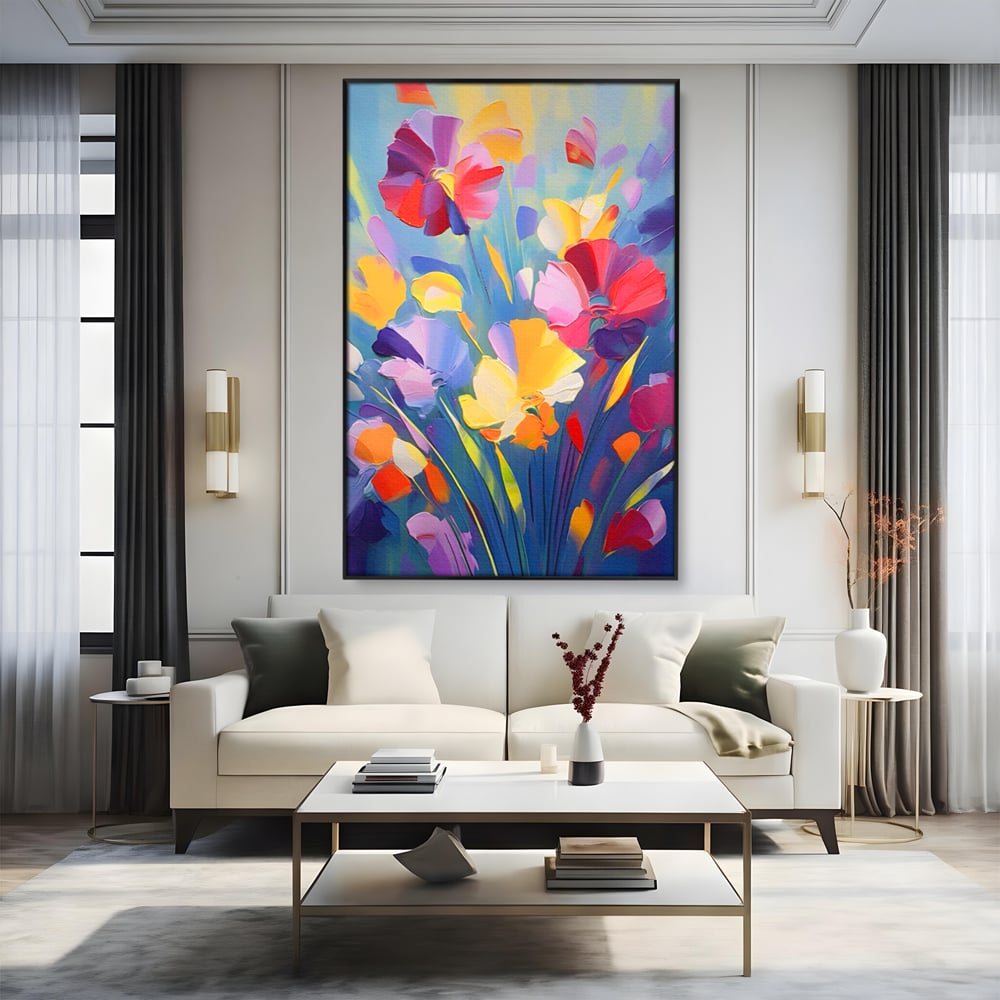 Tablou canvas cu pictura verticala cu flori colorate, in rama de aluminiu negru, pe perete intr-un living